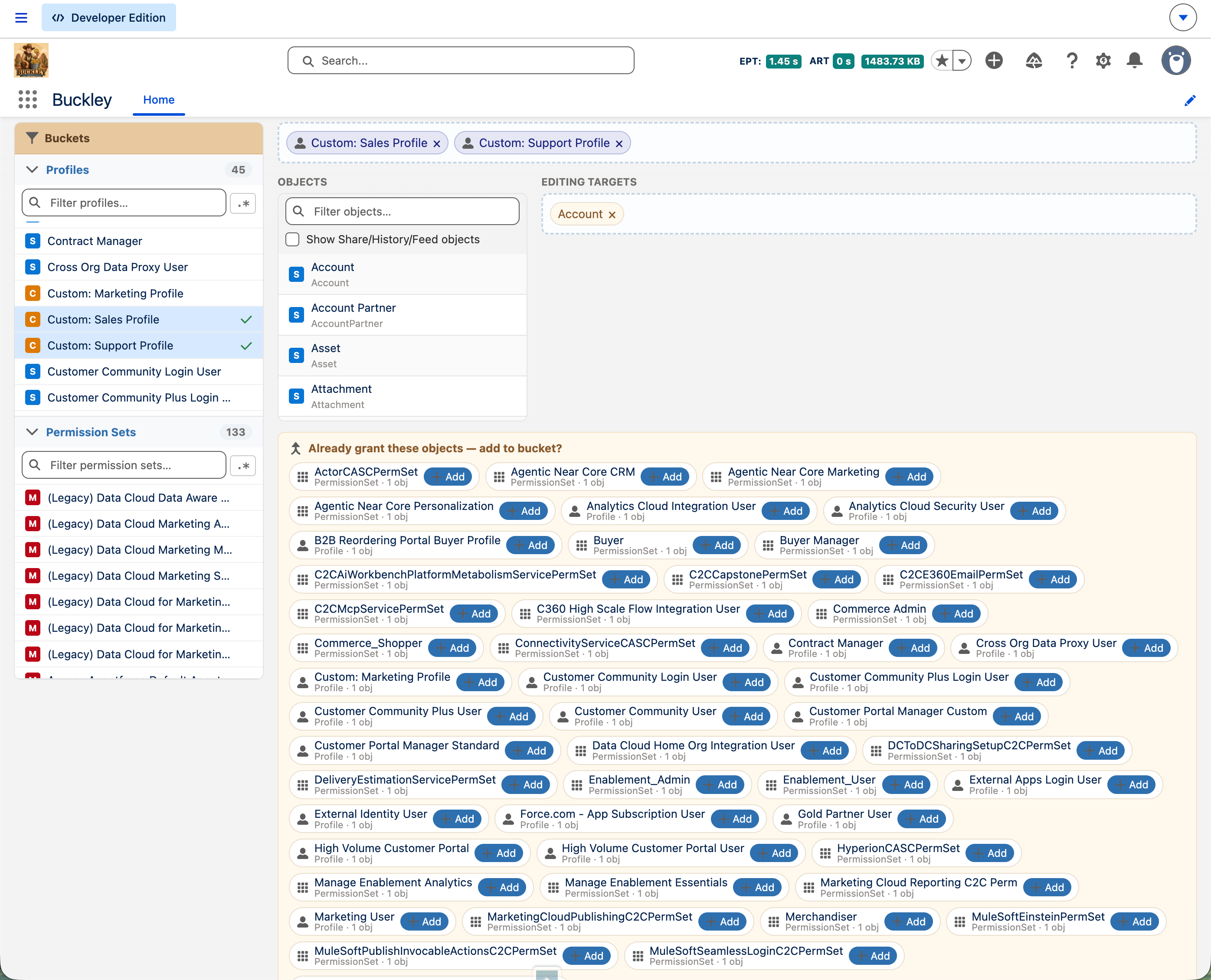Buckley app: sidebar of Profiles and Permission Sets, objects, editing targets, and overlap panel