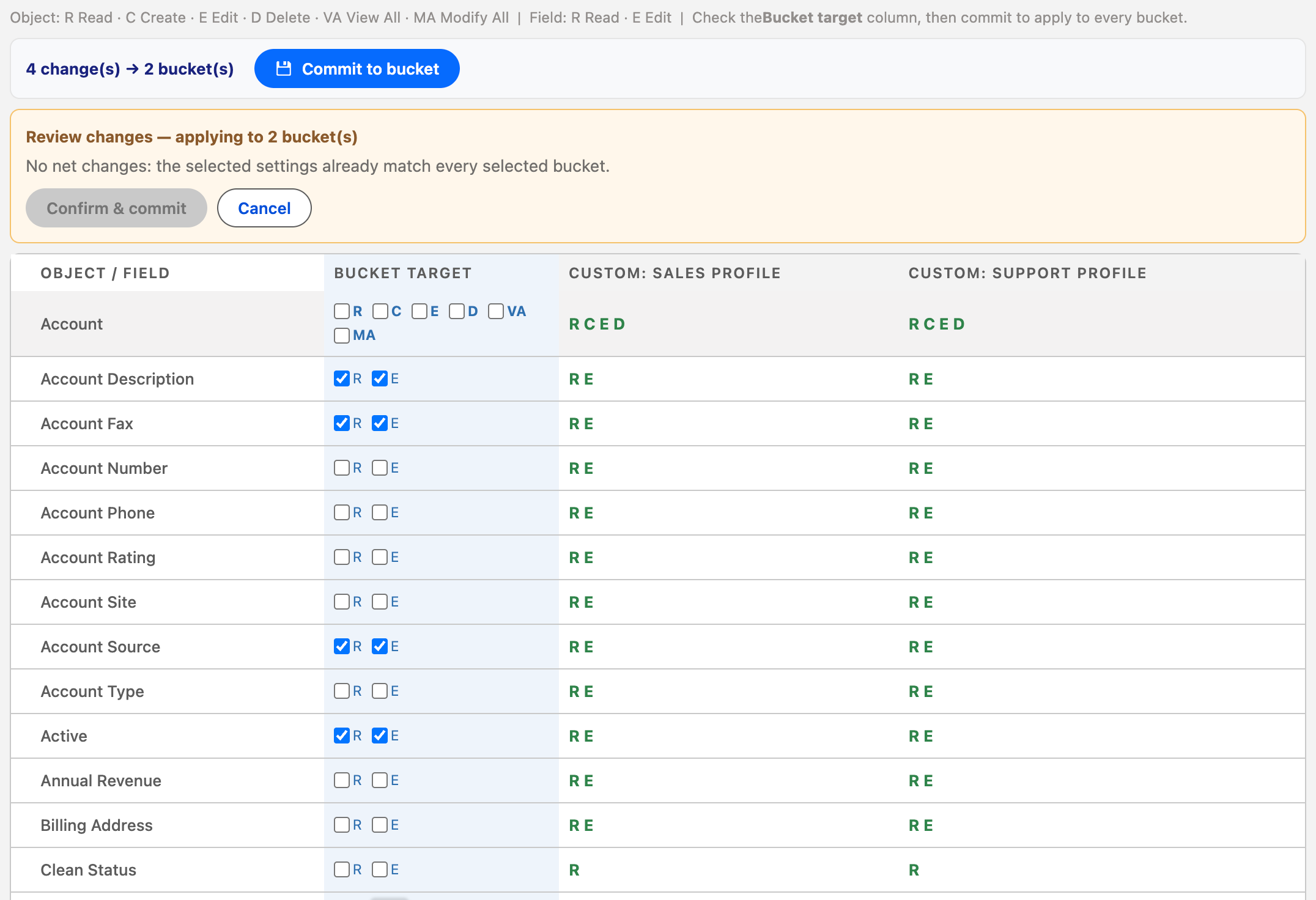 Buckley app: change preview showing bucket-target checkboxes versus each profile's current access